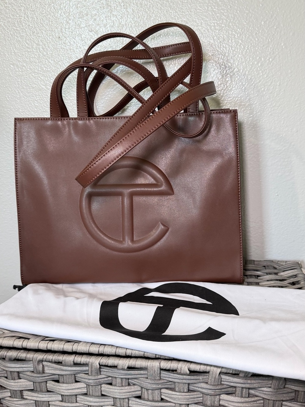 Telfar Chocolate Brown Medium Leather Tote Bag with Dust Bag